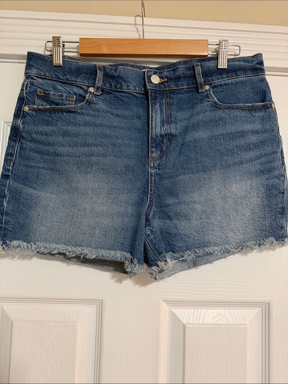 LOFT Mid-Blue Frayed Hem Denim Shorts